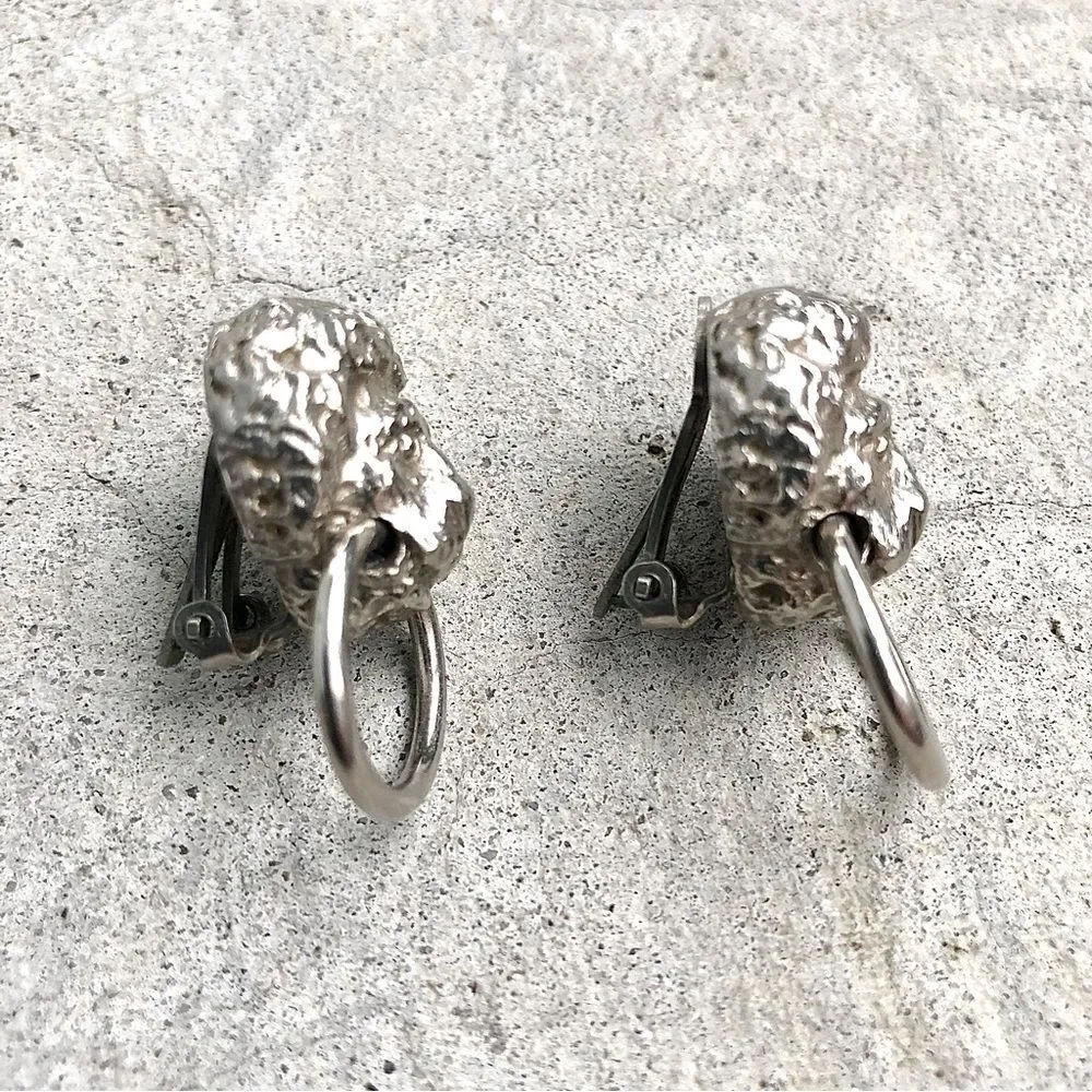 Kenneth Jay Lane KJL Vintage Clip On Earrings Lion Head Doorknockers Silver-tone